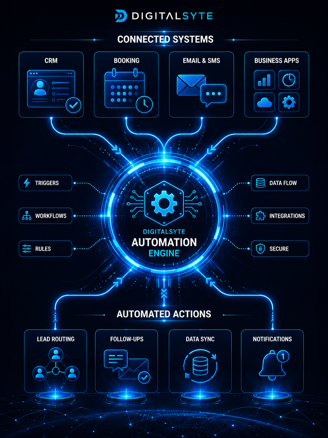 DigitalSyte connected automation system integrating CRM booking email SMS and business apps with automated workflows and actions