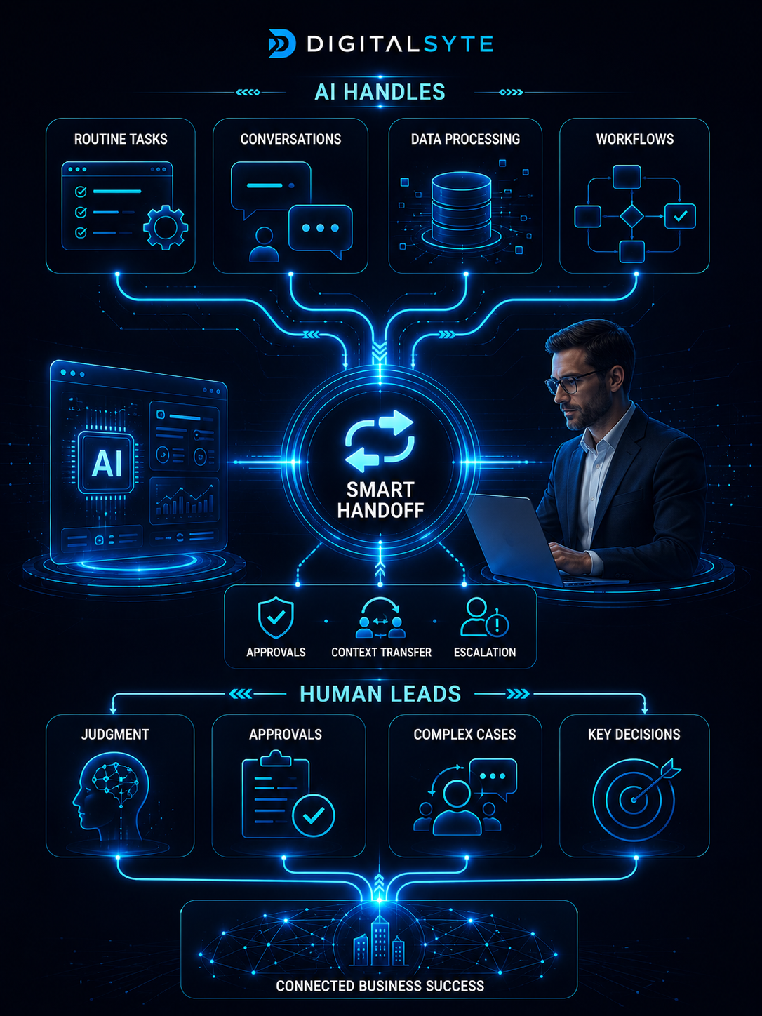DigitalSyte human and AI collaboration system showing intelligent automation smart handoffs human oversight and business decision workflows