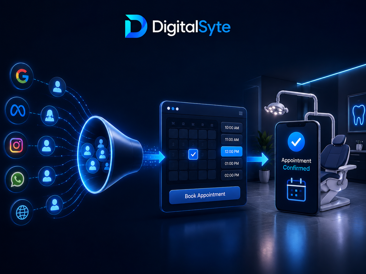 DigitalSyte patient booking journey from digital campaigns to confirmed clinic appointment