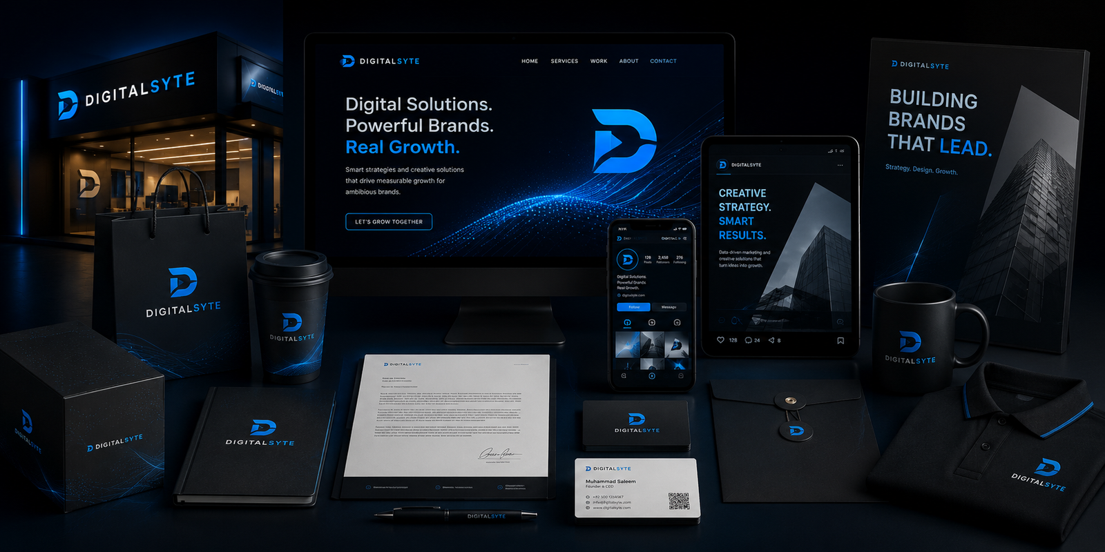DigitalSyte complete brand experience showcasing website mobile presence stationery packaging signage merchandise and digital creative